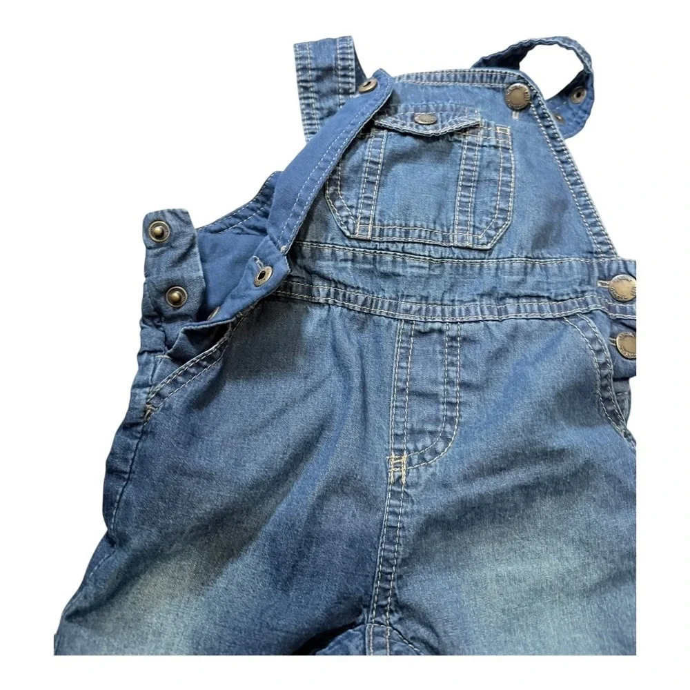 OshKosh Denim Overalls Kids 6-9M Genuine Kids Blue Lined Snap Inseam Bib Overall